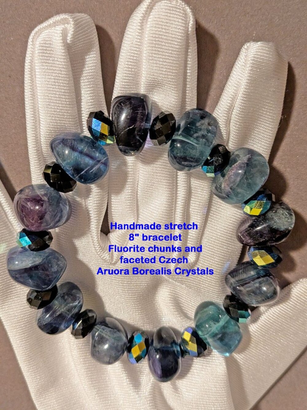 Handmade stretch 8" bracelet, Fluorite chunks and faceted Czech Crystals